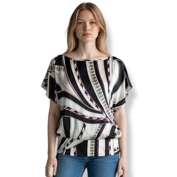 Silk Statement Top Womens Size Medium Geometric Abstract Artsy Quiet Luxury - Picture 1 of 15